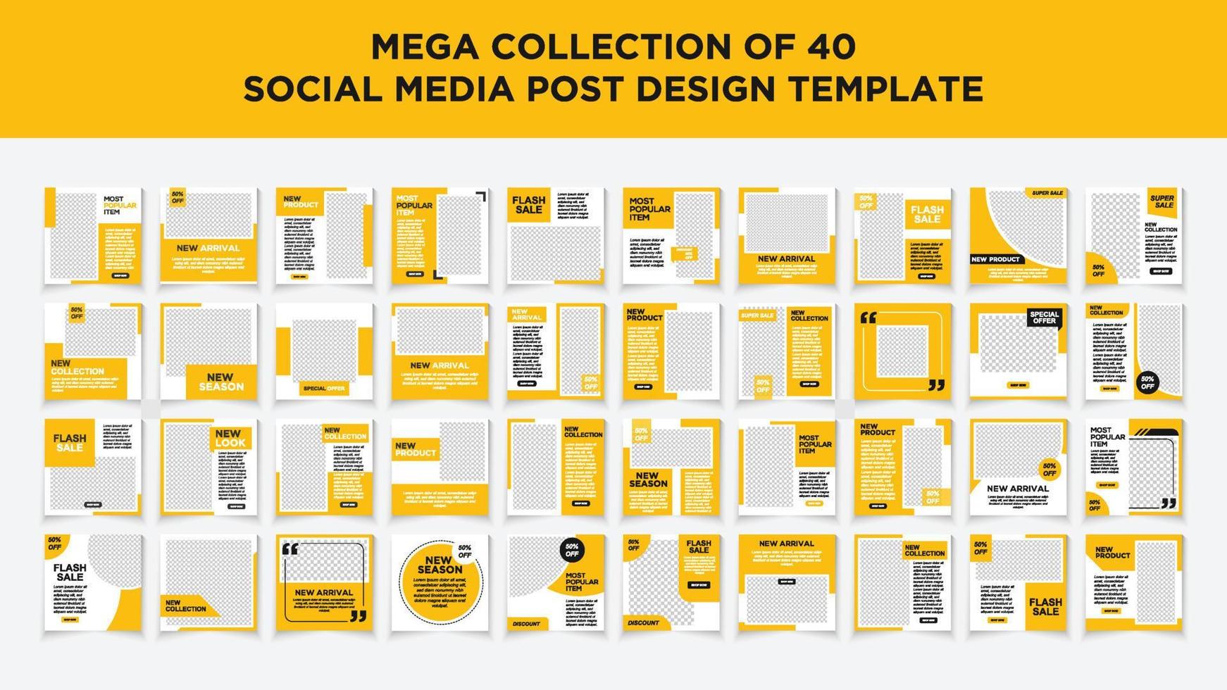 conjunto de plantillas de publicación de redes sociales de mega colección. color de fondo negro y amarillo con forma de línea de rayas. vector