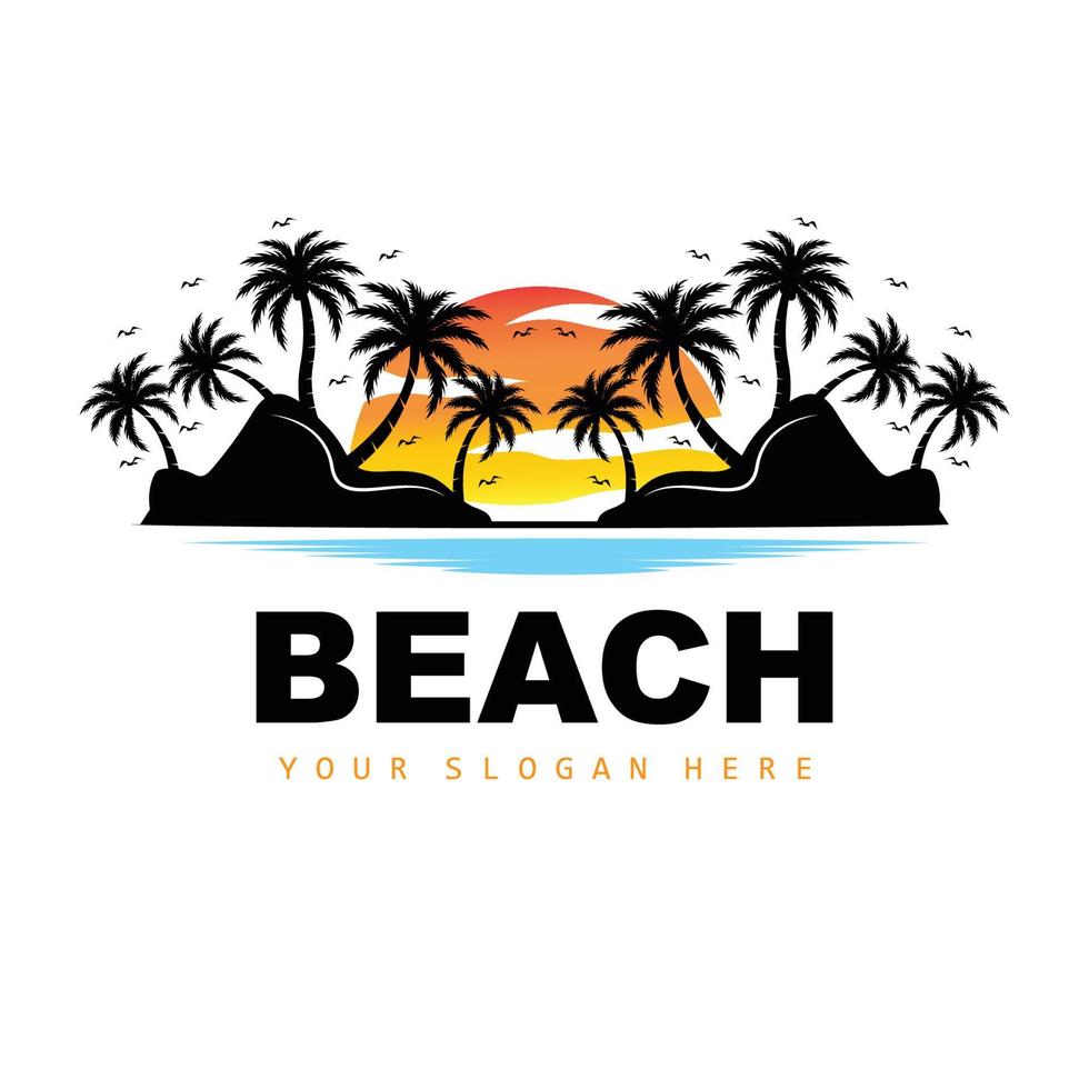logotipo de árbol de coco y playa, diseño de paisaje de naturaleza oceánica, vector de planta de icono de playa