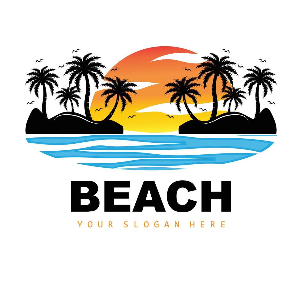 Coconut Tree And Beach Logo, Ocean Nature Landscape Design, Beach Icon Plant Vector