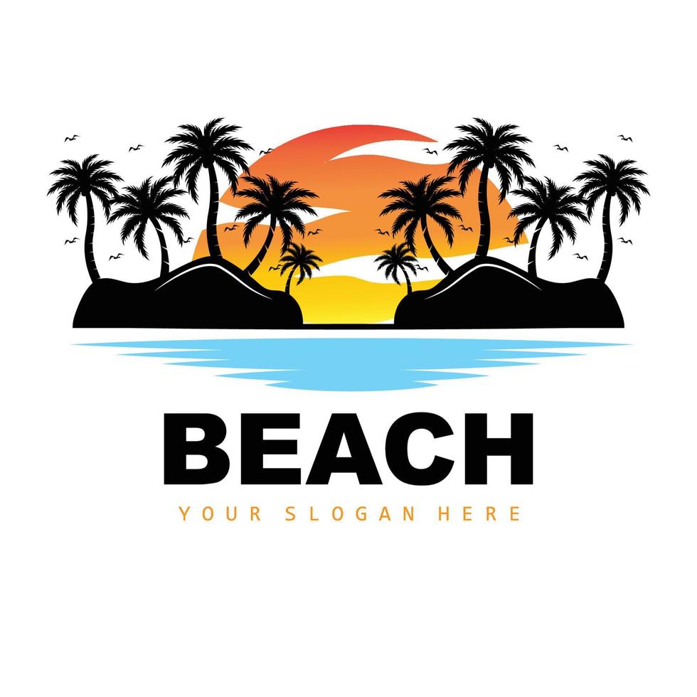 logotipo de árbol de coco y playa, diseño de paisaje de naturaleza oceánica, vector de planta de icono de playa