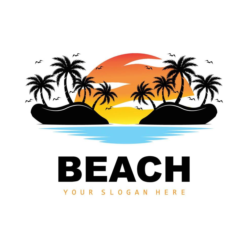 Coconut Tree And Beach Logo, Ocean Nature Landscape Design, Beach Icon Plant Vector