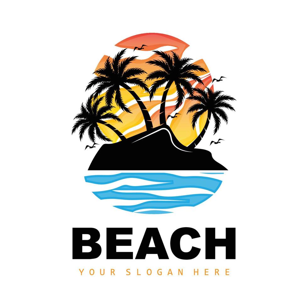 Coconut Tree And Beach Logo, Ocean Nature Landscape Design, Beach Icon Plant Vector