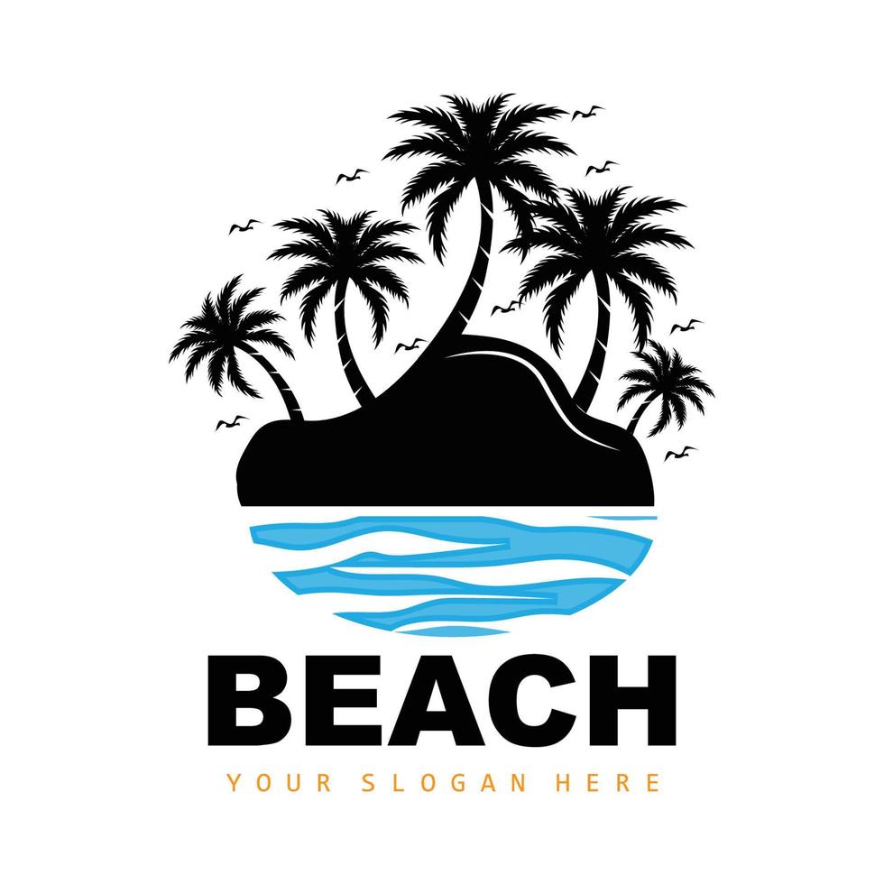 logotipo de árbol de coco y playa, diseño de paisaje de naturaleza oceánica, vector de planta de icono de playa