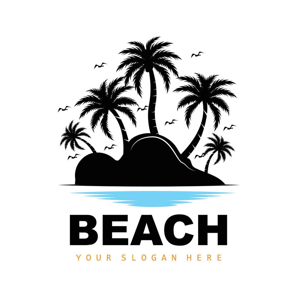 logotipo de árbol de coco y playa, diseño de paisaje de naturaleza oceánica, vector de planta de icono de playa