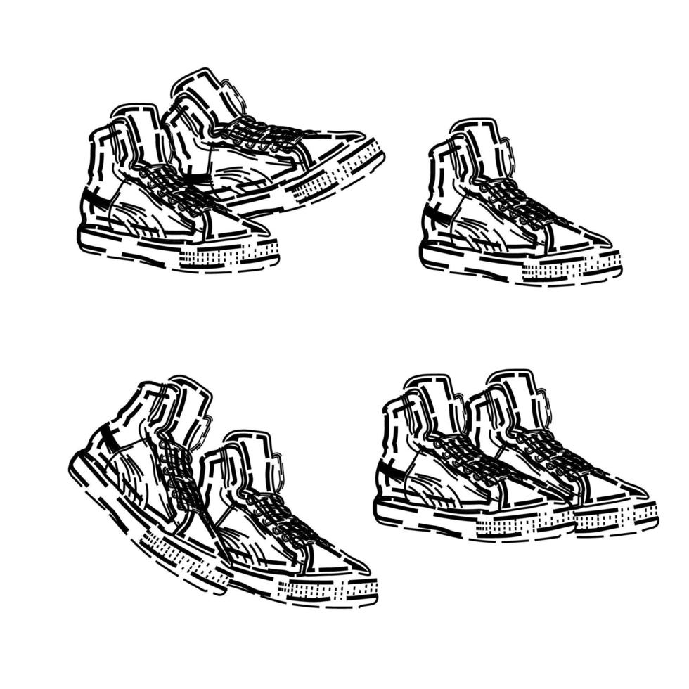 conjunto vectorial de zapatillas en diferentes poses en estilo de dibujos animados. signo, símbolo de los deportes. vector