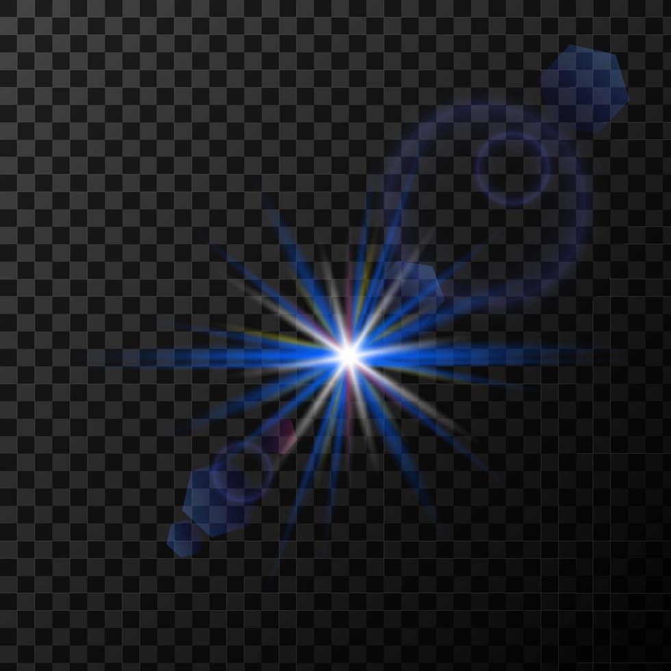 A blue, bright star flashes with luminous rays. Radiant blur with glare effect. vector