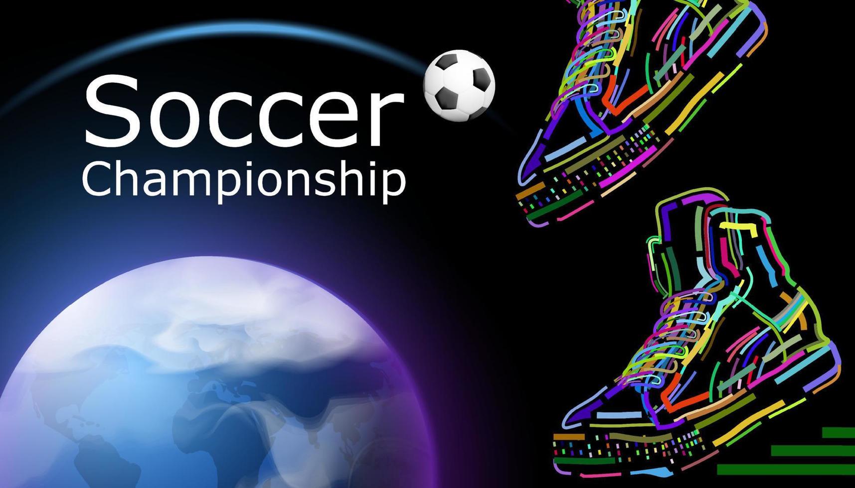 póster de fútbol con pelota de fútbol, zapatillas de deporte en el fondo del planeta tierra y espacio para texto vector