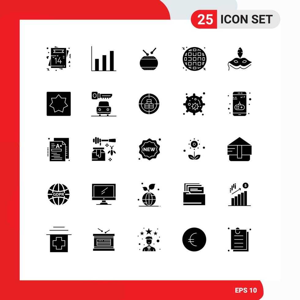 grupo universal de símbolos de iconos de 25 glifos sólidos modernos de elementos de diseño de vectores editables de waffle de comida rápida de tambor de máscara veneciana