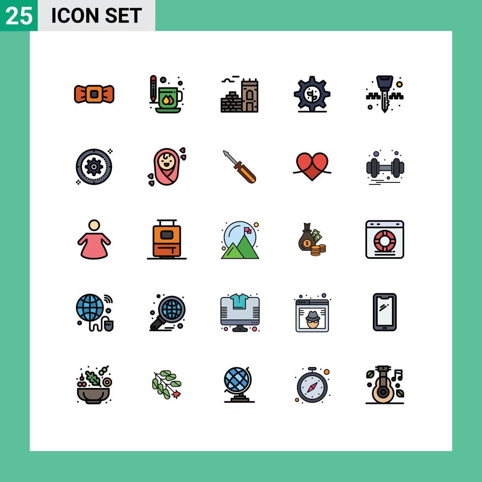 paquete de color plano de línea rellena de 25 símbolos universales de configuración de impresión de equipo de llavero elementos de diseño vectorial editables de la tierra vector