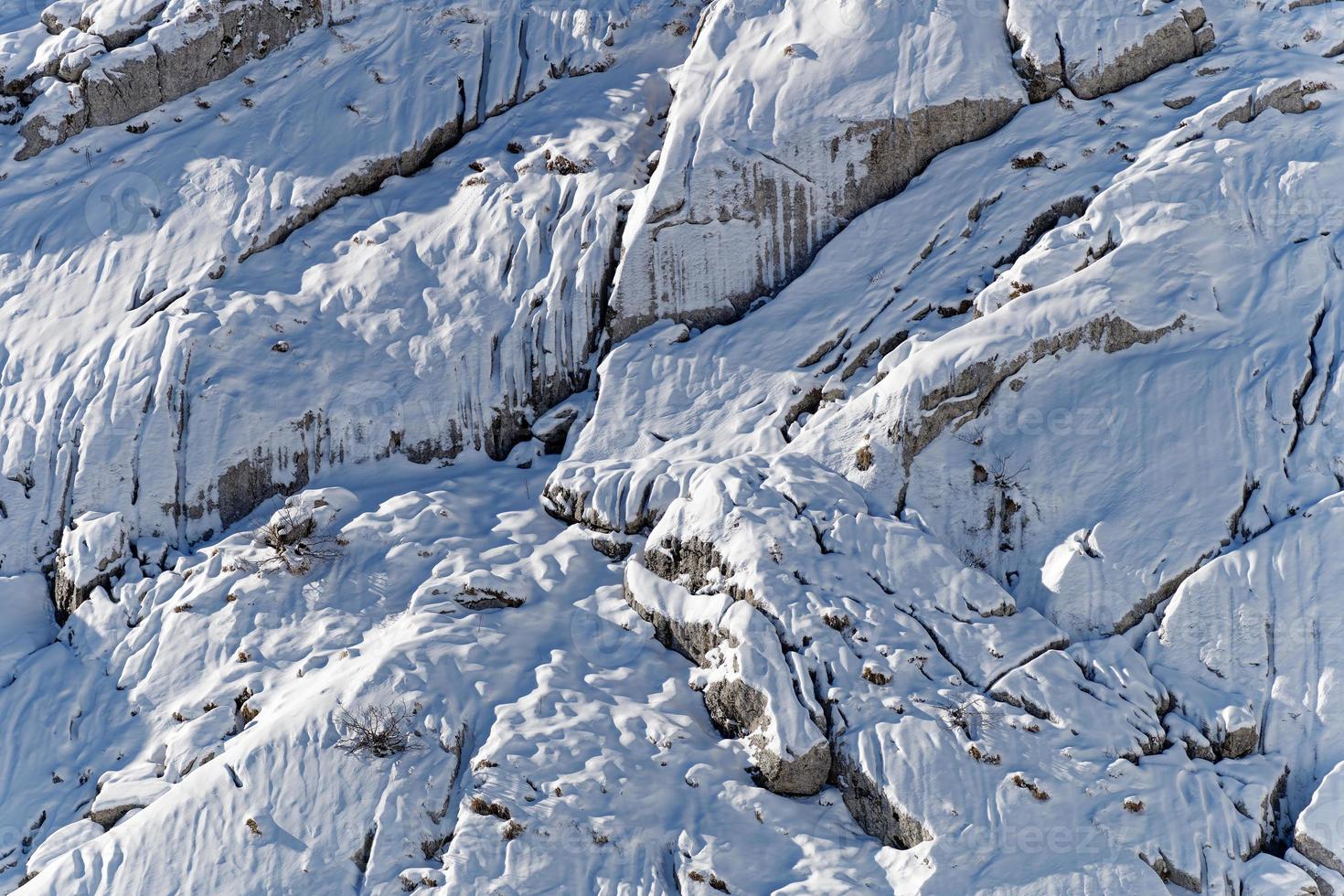 Amazing view of the mountain full of snow in the winter during a sunny day. Beautiful mountain range and amazing attraction for alpine climbers. Adventurous lifestyle. photo