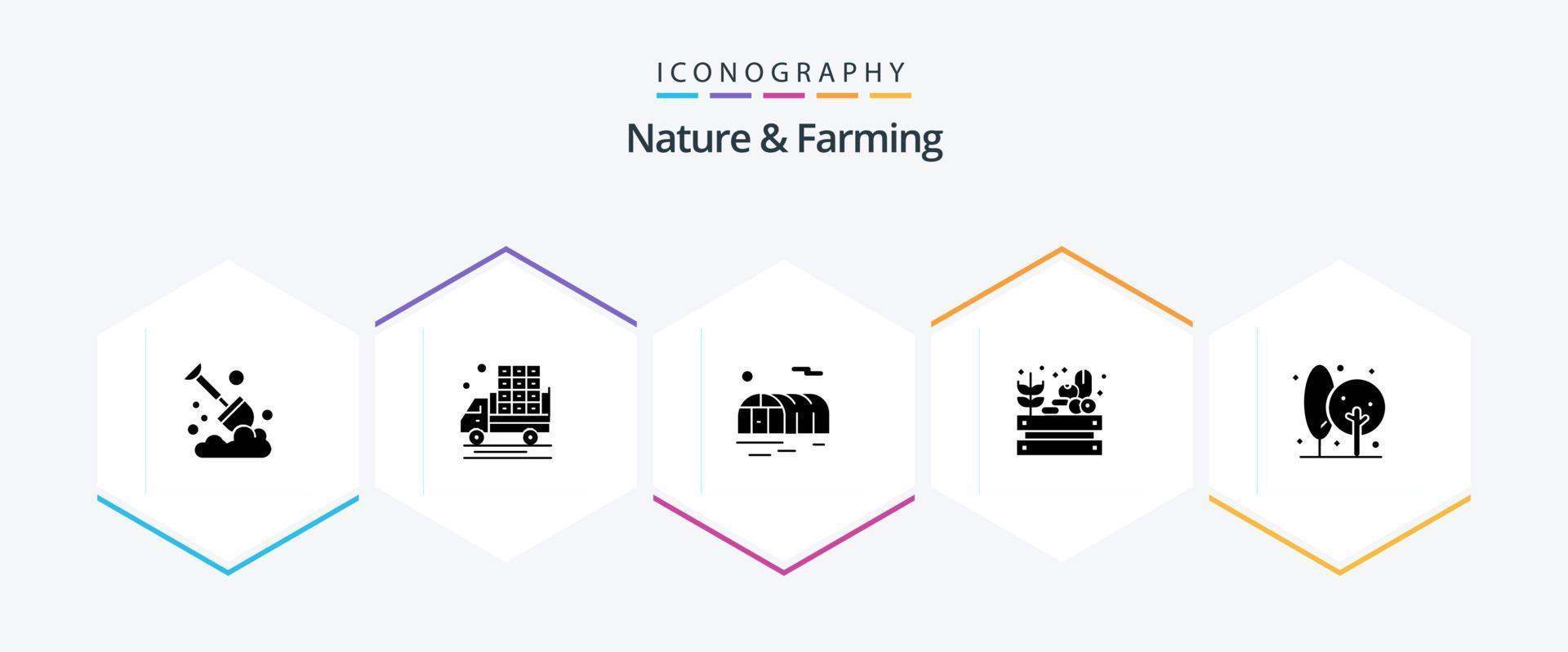 Nature And Farming 25 Glyph icon pack including farm. agriculture. farming. harvest. farming vector