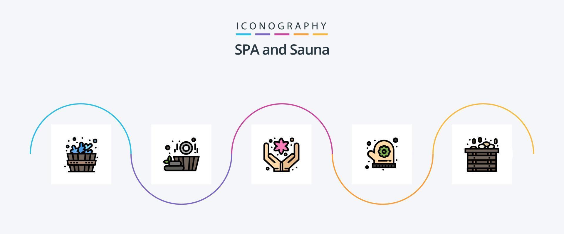 paquete de iconos de 5 planos llenos de línea de sauna que incluye. flor. caja. spa vector