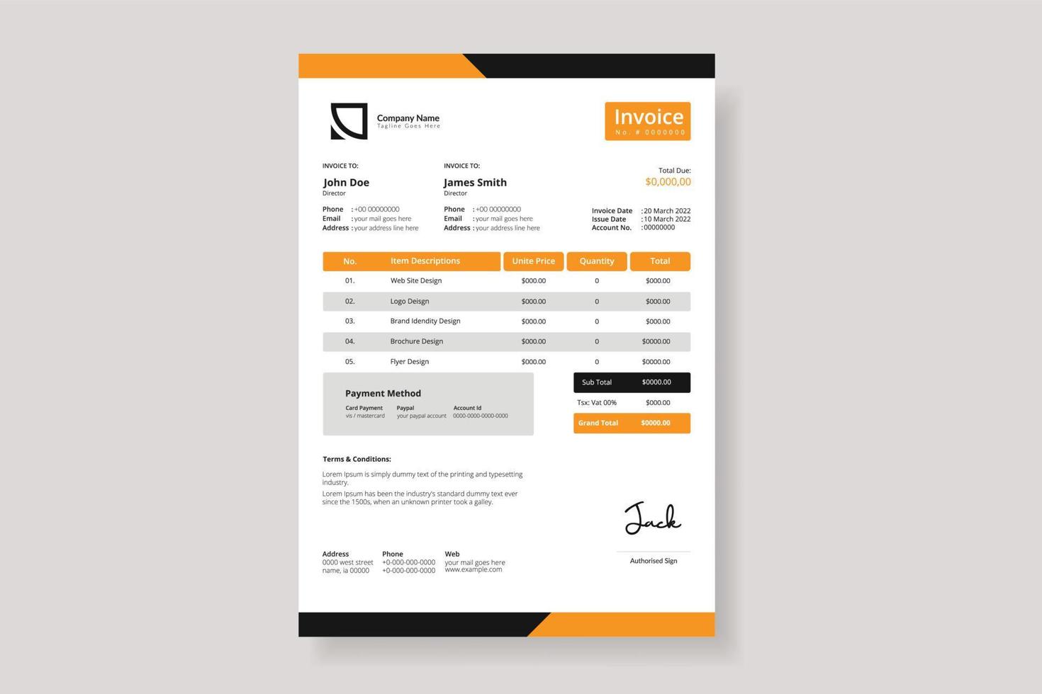Business invoice layout template design. Invoice information money bill or price invoice and Tax form vector