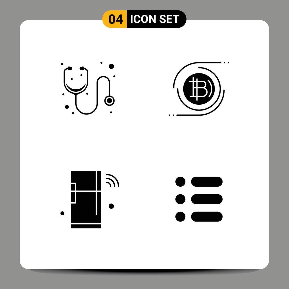 conjunto de 4 paquetes de glifos sólidos comerciales para doctor internet estetoscopio blockchain refrigerador elementos de diseño vectorial editables vector