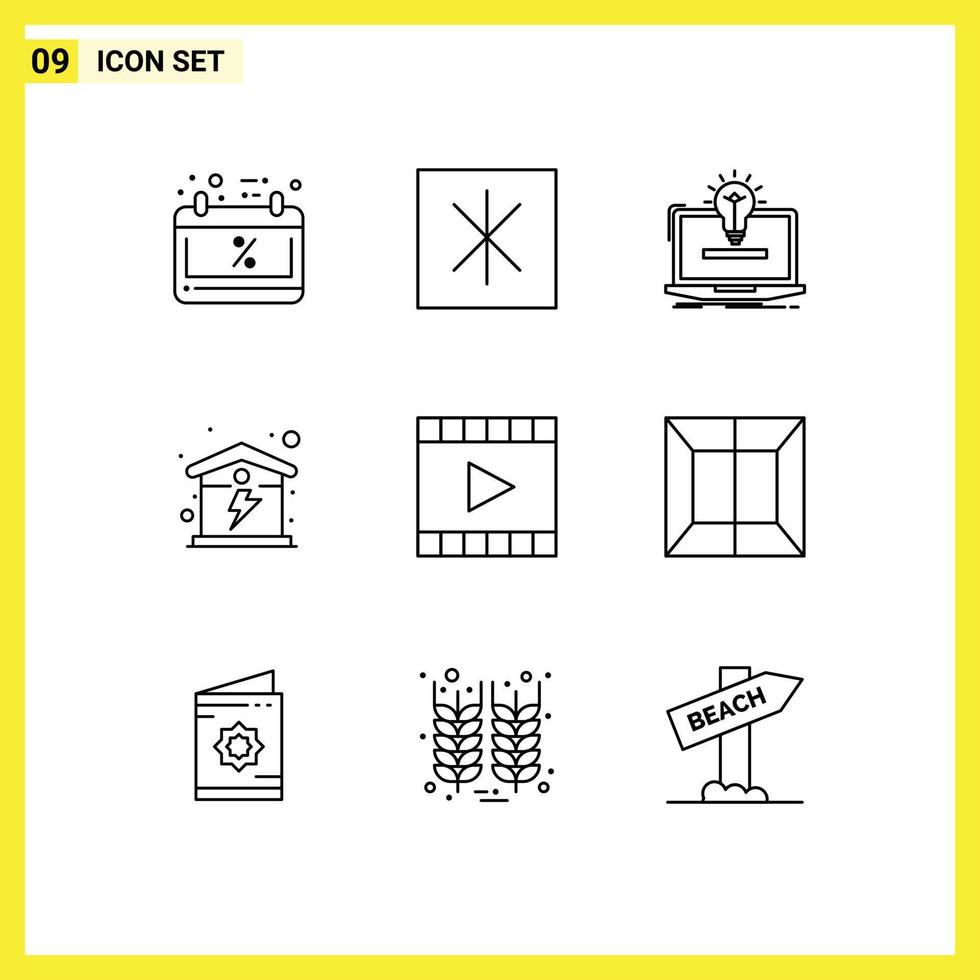 Set of 9 Vector Outlines on Grid for media player energy solution house electric Editable Vector Design Elements