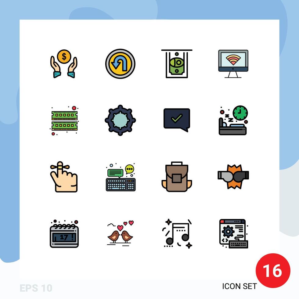 Set of 16 Commercial Flat Color Filled Lines pack for hardware computer atm signal monitor Editable Creative Vector Design Elements
