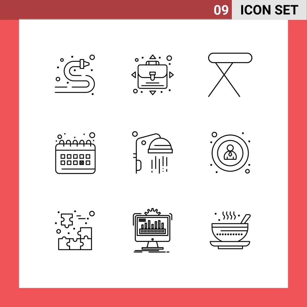 Pack of 9 Modern Outlines Signs and Symbols for Web Print Media such as shower bathroom home routine clock Editable Vector Design Elements