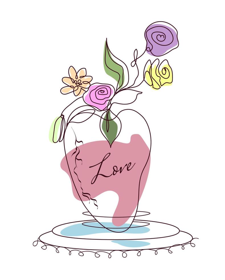 Vector illustrations of love, a heart-shaped vase with flowers and leaves in the lineart style. Drawings for postcard, card, congratulations and poster.