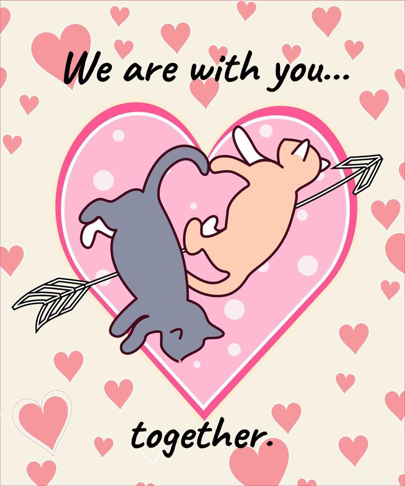We are with you together.vector illustration of a pair of cats in love on a background with a hearts. Drawings for cards, postcards, greetings and posters. vector