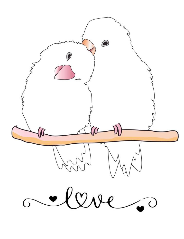 ilustración vectorial de un par de pájaros enamorados. dos loros cantando y sintiéndose enamorados. con texto amor, romance, poster. dibujos para tarjetas, postales, saludos y carteles. vector