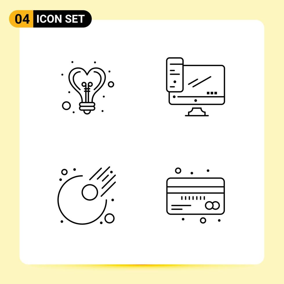 4 Creative Icons Modern Signs and Symbols of bulb asteroid heart device meteor Editable Vector Design Elements