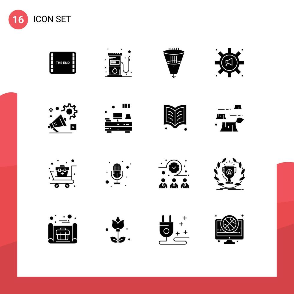 Universal Icon Symbols Group of 16 Modern Solid Glyphs of megaphone loudspeaker data announcement funnel Editable Vector Design Elements