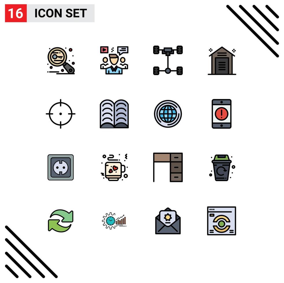 Modern Set of 16 Flat Color Filled Lines Pictograph of storehouse shopping video e commerce chassis Editable Creative Vector Design Elements