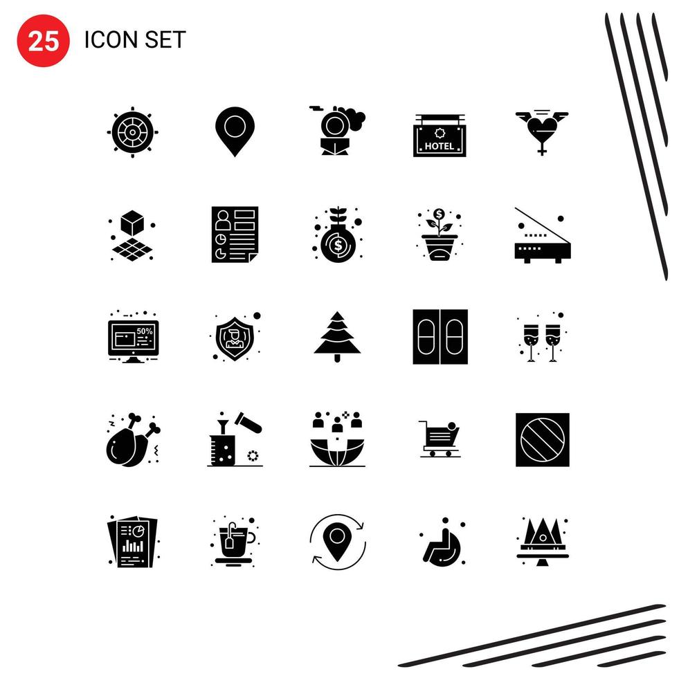 Set of 25 Commercial Solid Glyphs pack for cube wings train heart board Editable Vector Design Elements