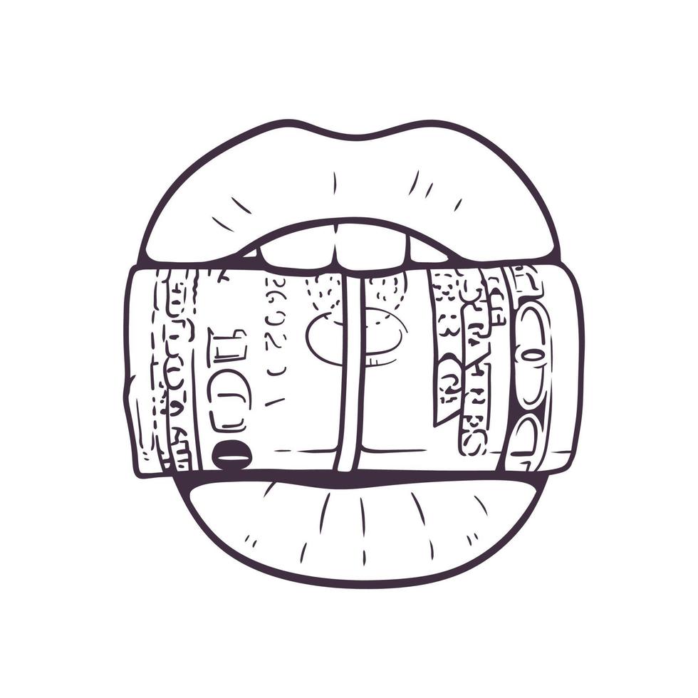 Sexy lips biting a roll of money. Vector line art illustration