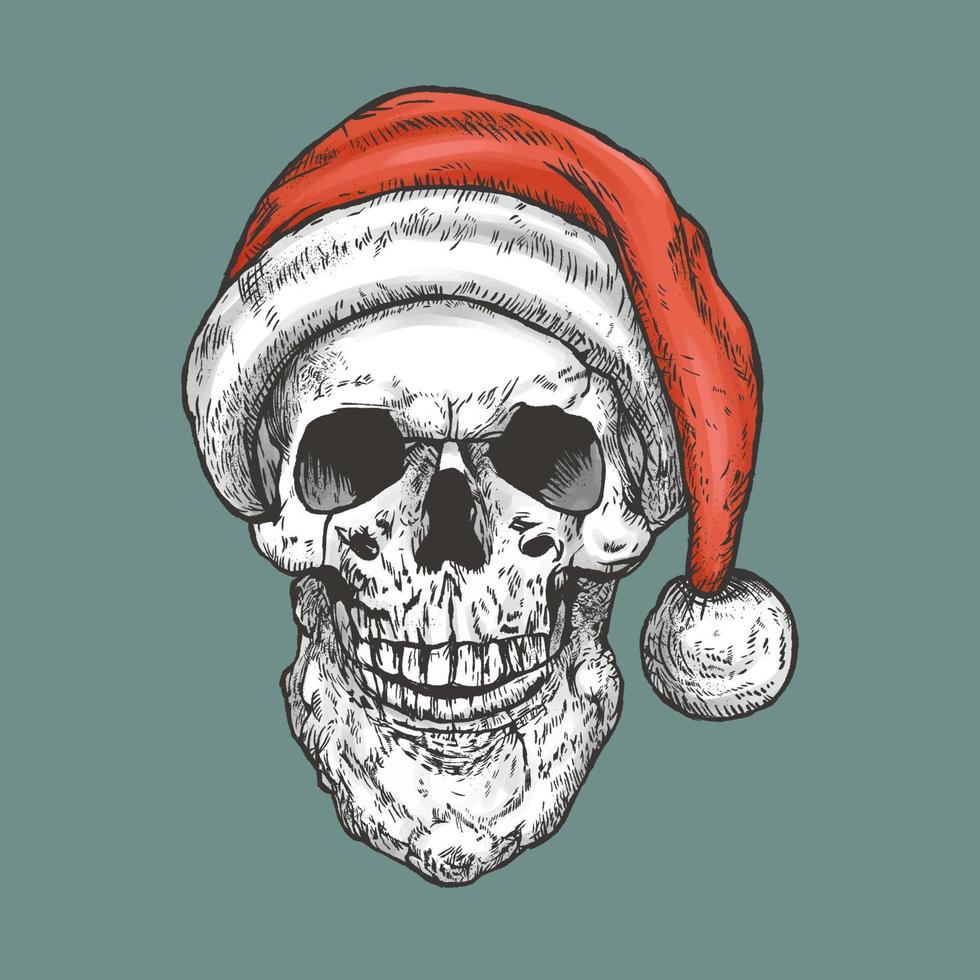 Hand drawn Santa Claus skull. Vector illustration