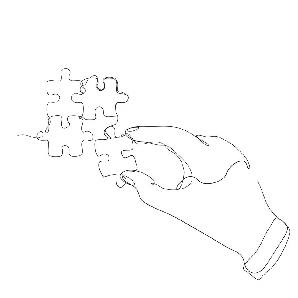 continuous line drawing hand put together puzzle jigsaw illustration vector