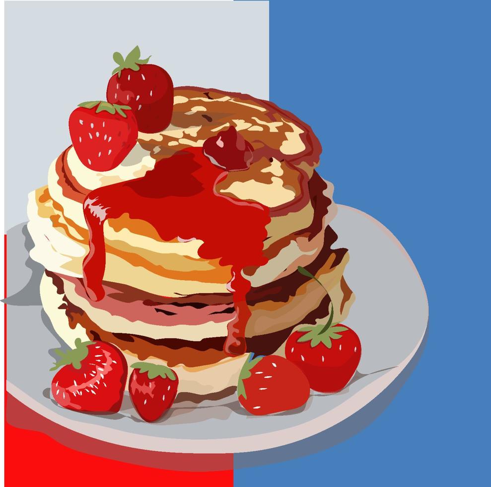 pancakes, pancakes with strawberry jam with a beautiful red color, perfect for pancake day can be applied to banners, social media promotions vector