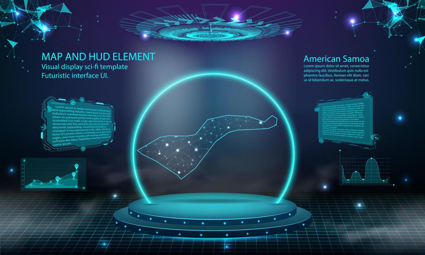 American Samoa map light connecting effect background. abstract digital technology UI, GUI, futuristic HUD Virtual Interface with Samoa map. Stage futuristic podium in fog. vector