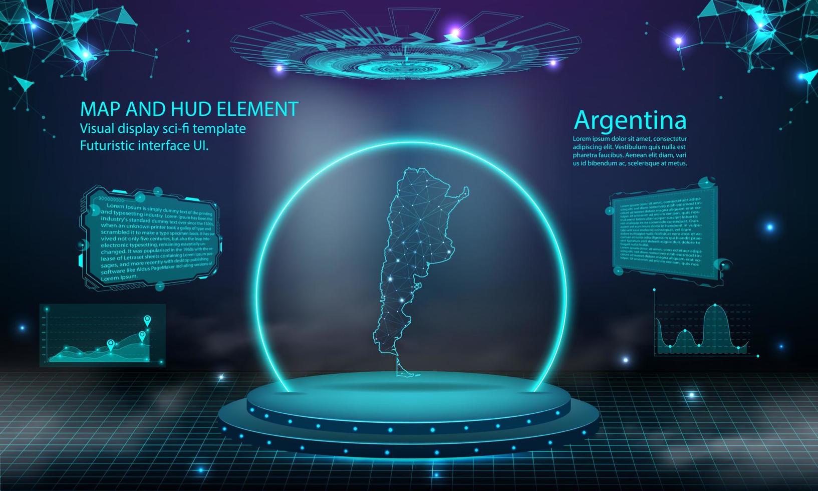 Fondo de efecto de conexión de luz de mapa argentino. tecnología digital abstracta ui, gui, interfaz virtual hud futurista con mapa argentino. etapa podio futurista en la niebla. vector