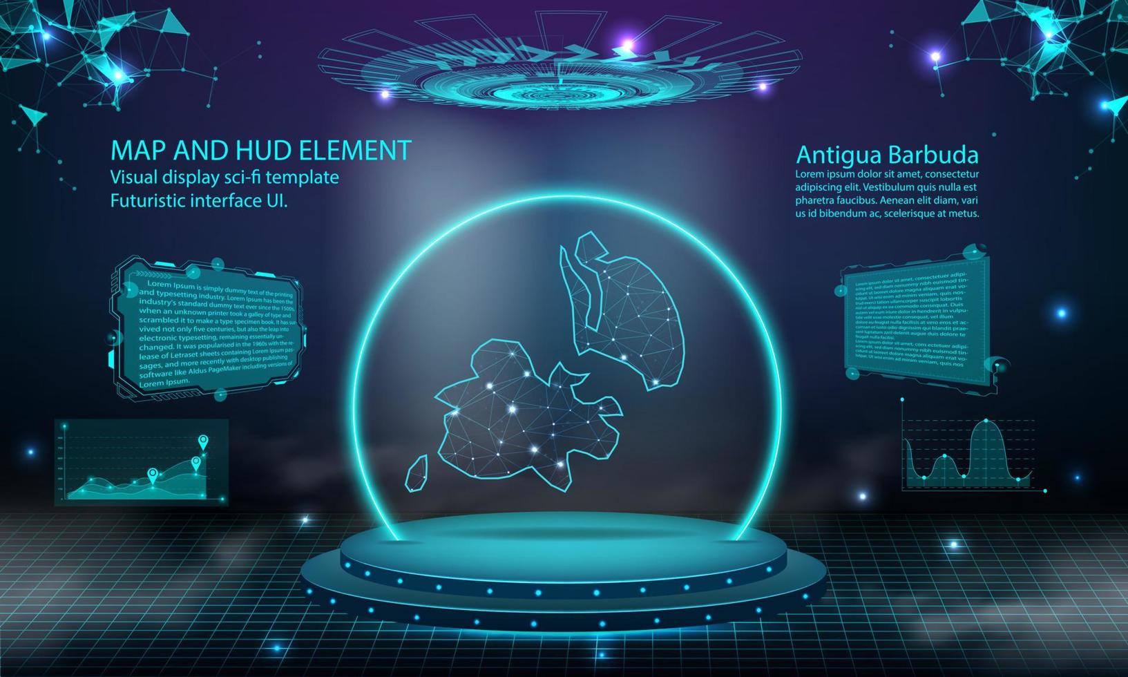 fondo de efecto de conexión de luz de mapa de antigua barbuda. tecnología digital abstracta ui, gui, interfaz virtual hud futurista con mapa de antigua barbuda. etapa podio futurista en la niebla. vector