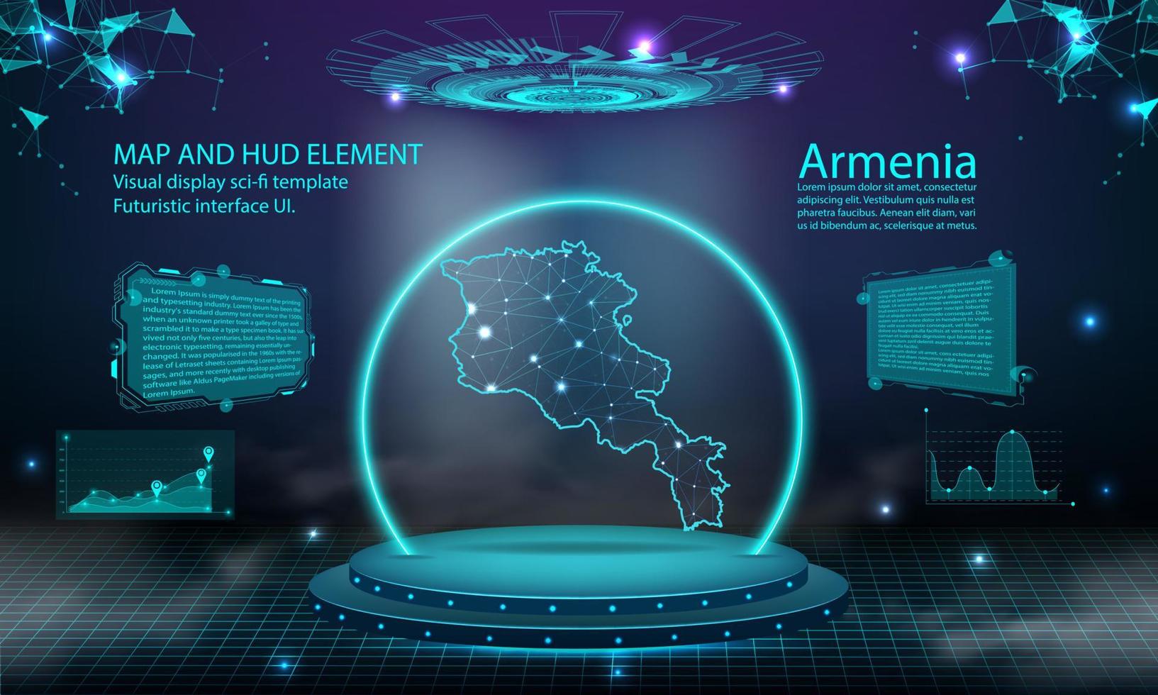 armenia map light connecting effect background. abstract digital technology UI, GUI, futuristic HUD Virtual Interface with armenia map. Stage futuristic podium in fog. vector