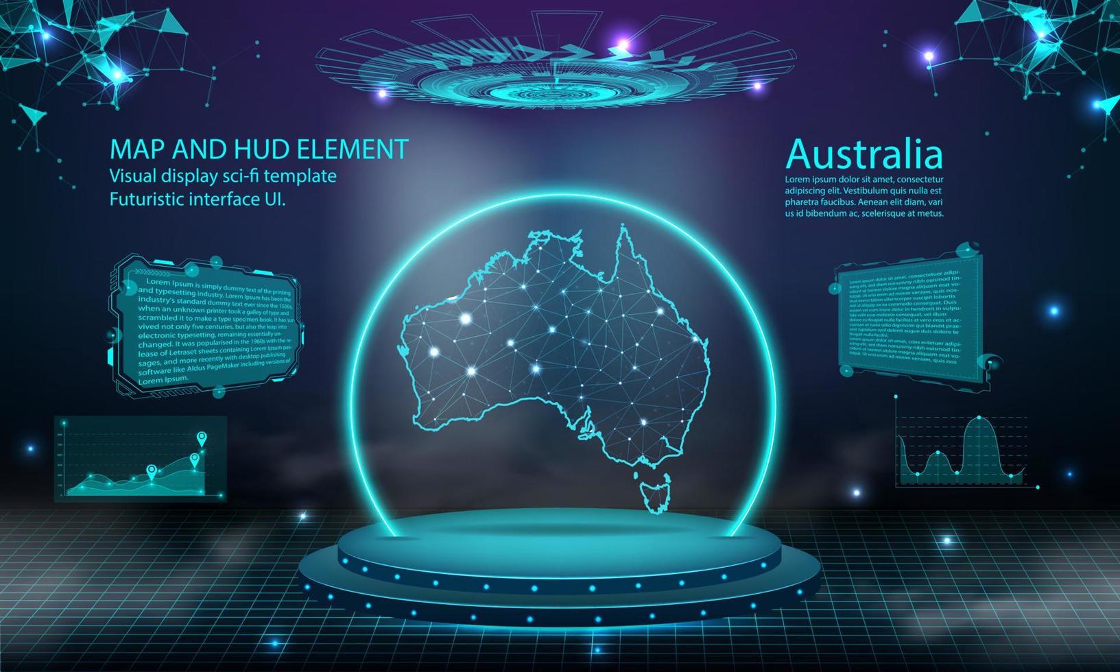 fondo de efecto de conexión de luz de mapa de australia. tecnología digital abstracta ui, gui, interfaz virtual hud futurista con mapa de australia. etapa podio futurista en la niebla. vector