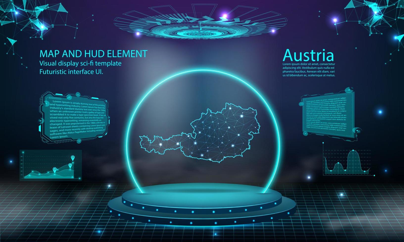 austria map light connecting effect background. abstract digital technology UI, GUI, futuristic HUD Virtual Interface with austria map. Stage futuristic podium in fog. vector