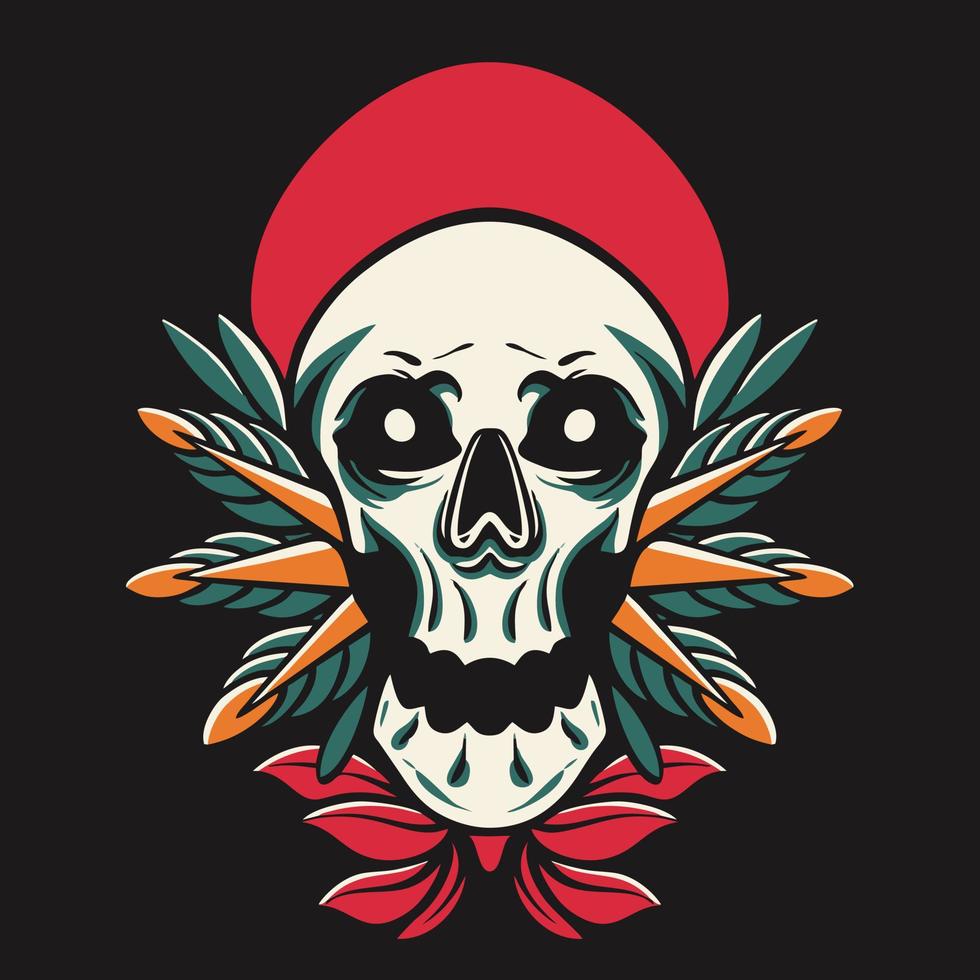 Skull Head and Leaf Retro Vector Illustration