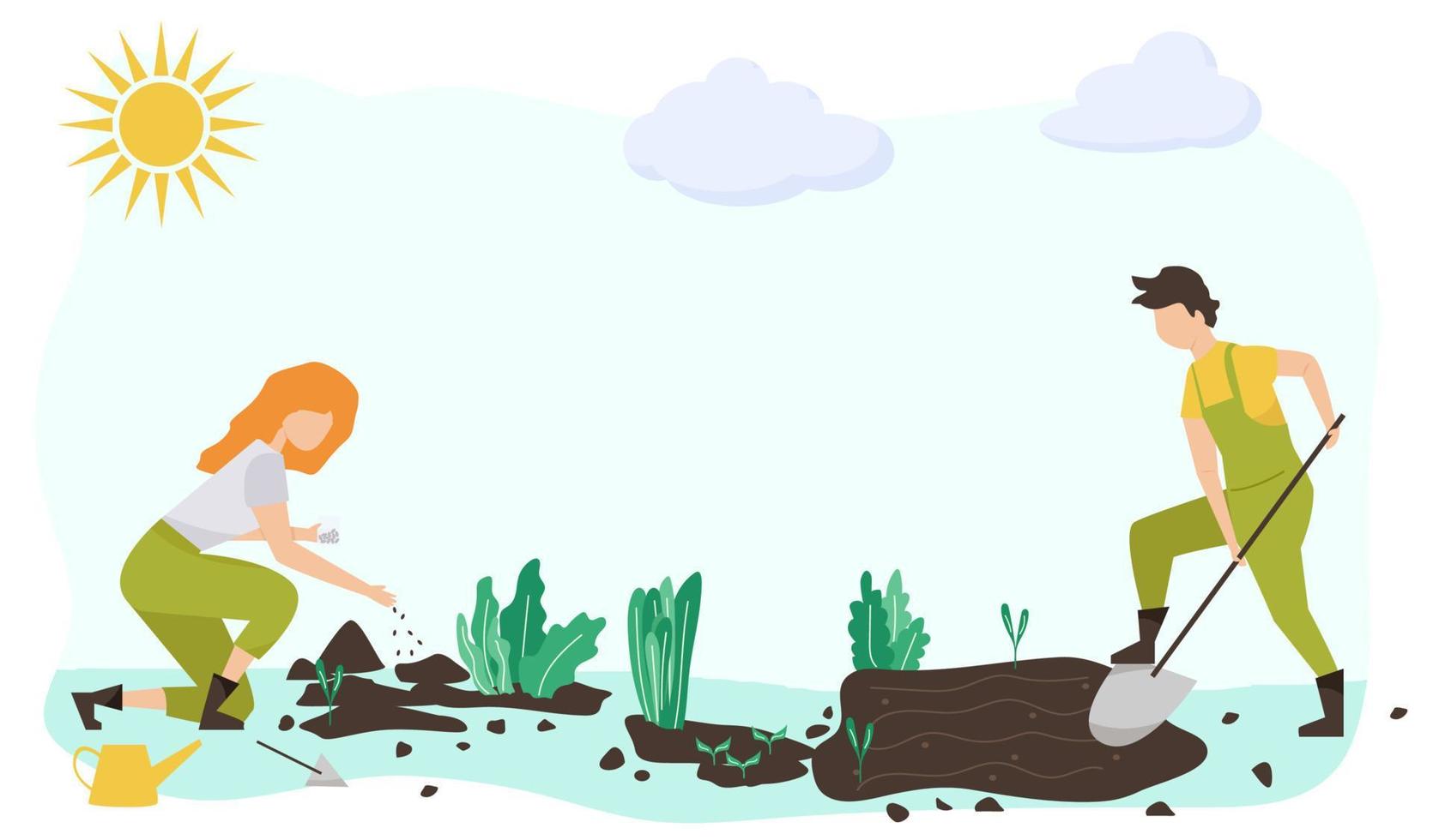 Gardening people set, spring.flat vector concept illustration of diverse people -men and women, doing hobby garden work.Spring gardening concept