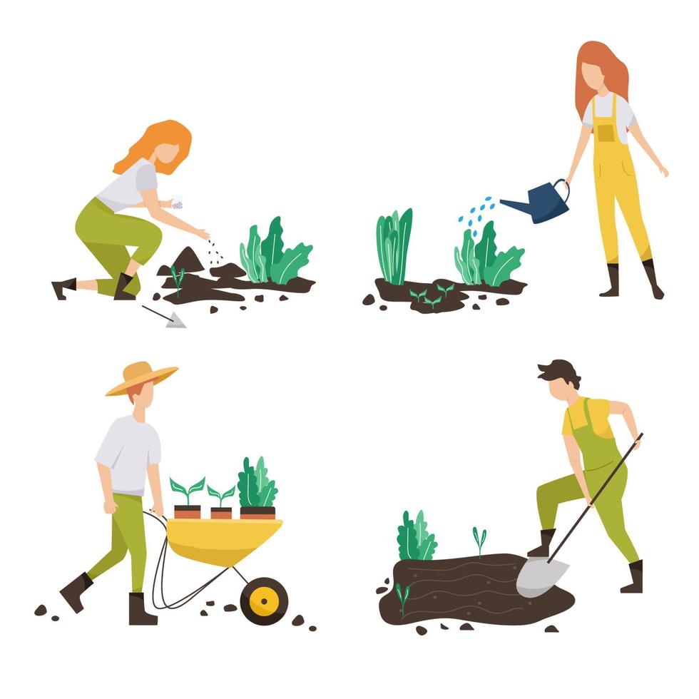 conjunto de personas de jardinería, ilustración de concepto de vector plano de primavera de diversas personas, hombres y mujeres, haciendo trabajo de jardín de pasatiempos.concepto de jardinería de primavera