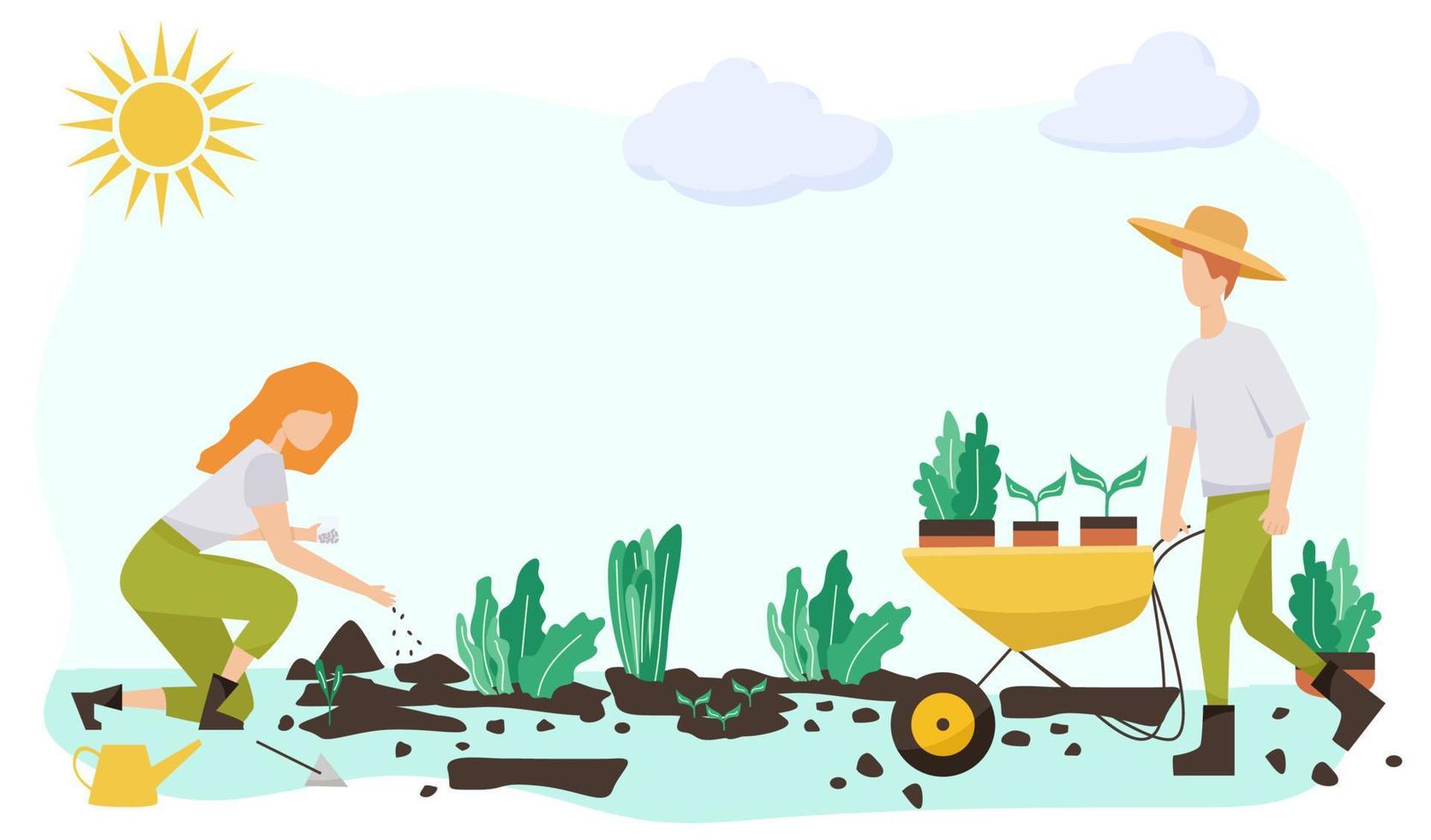Gardening people set, spring.flat vector concept illustration of diverse people -men and women, doing hobby garden work.Spring gardening concept