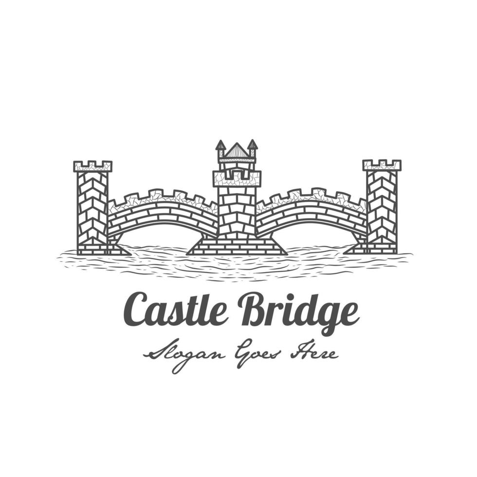 Vintage line art outline logo of bridge, old bridge, castle bridge, pedestrian bridge. vector