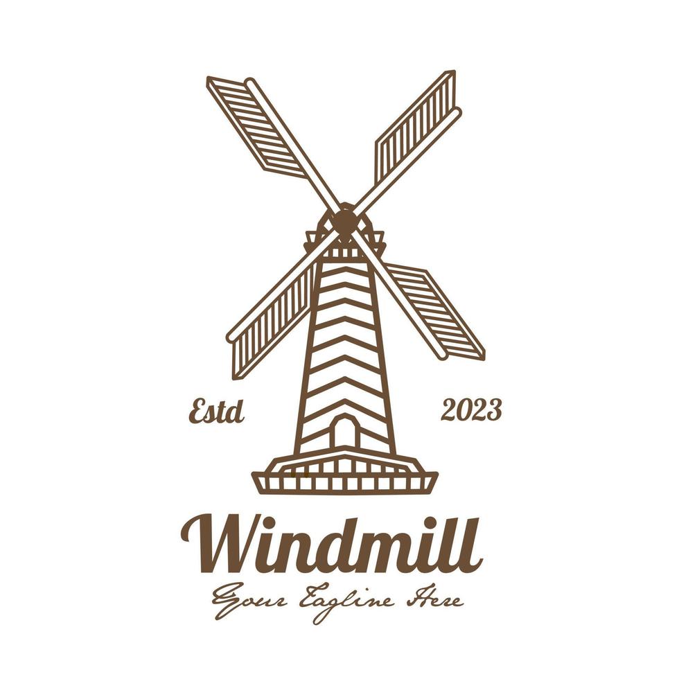 Windmill vintage line art outline logo, simple electricity technology. vector