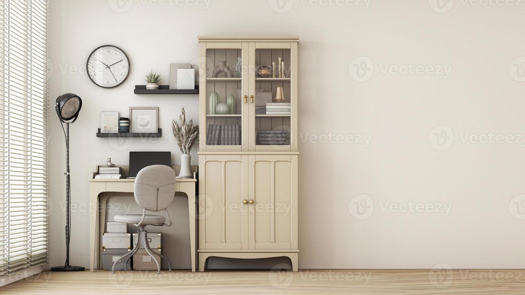 Modern workplace with comfortable modern working table and computer with working chair and large window. on wall white and wooden floor. 3D rendering photo