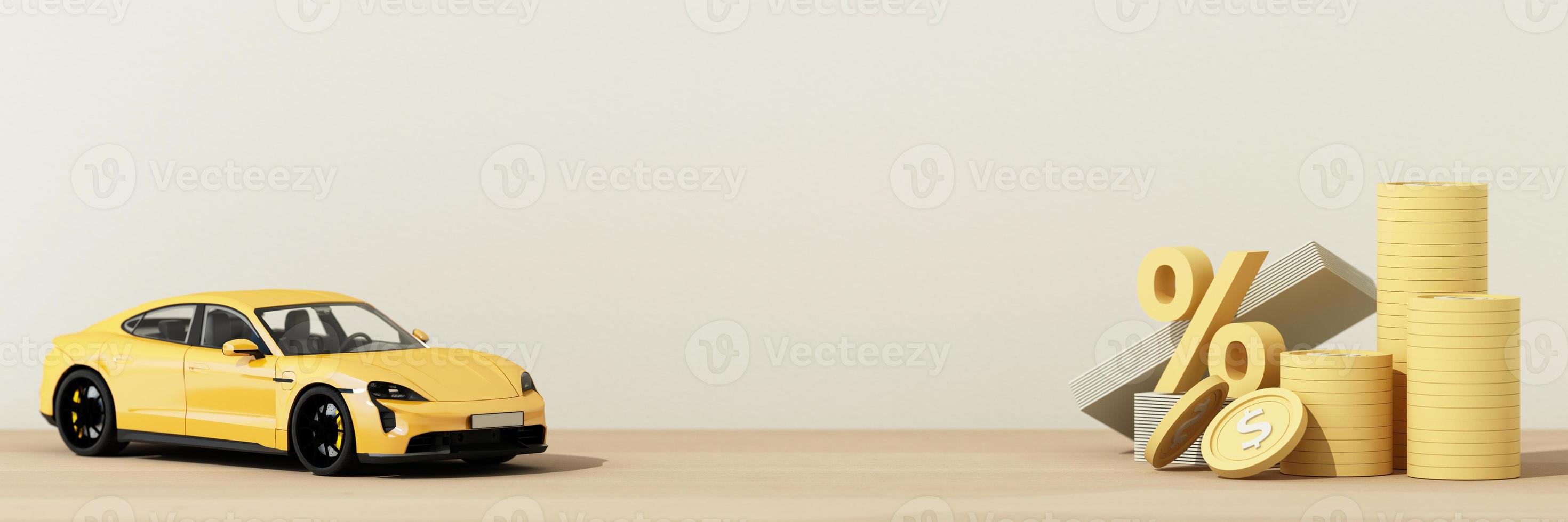 Concept car with coins and cash, auto tax and financing, car insurance and car loans, concepts save money on car purchases. on wooden table background. 3d rendering photo