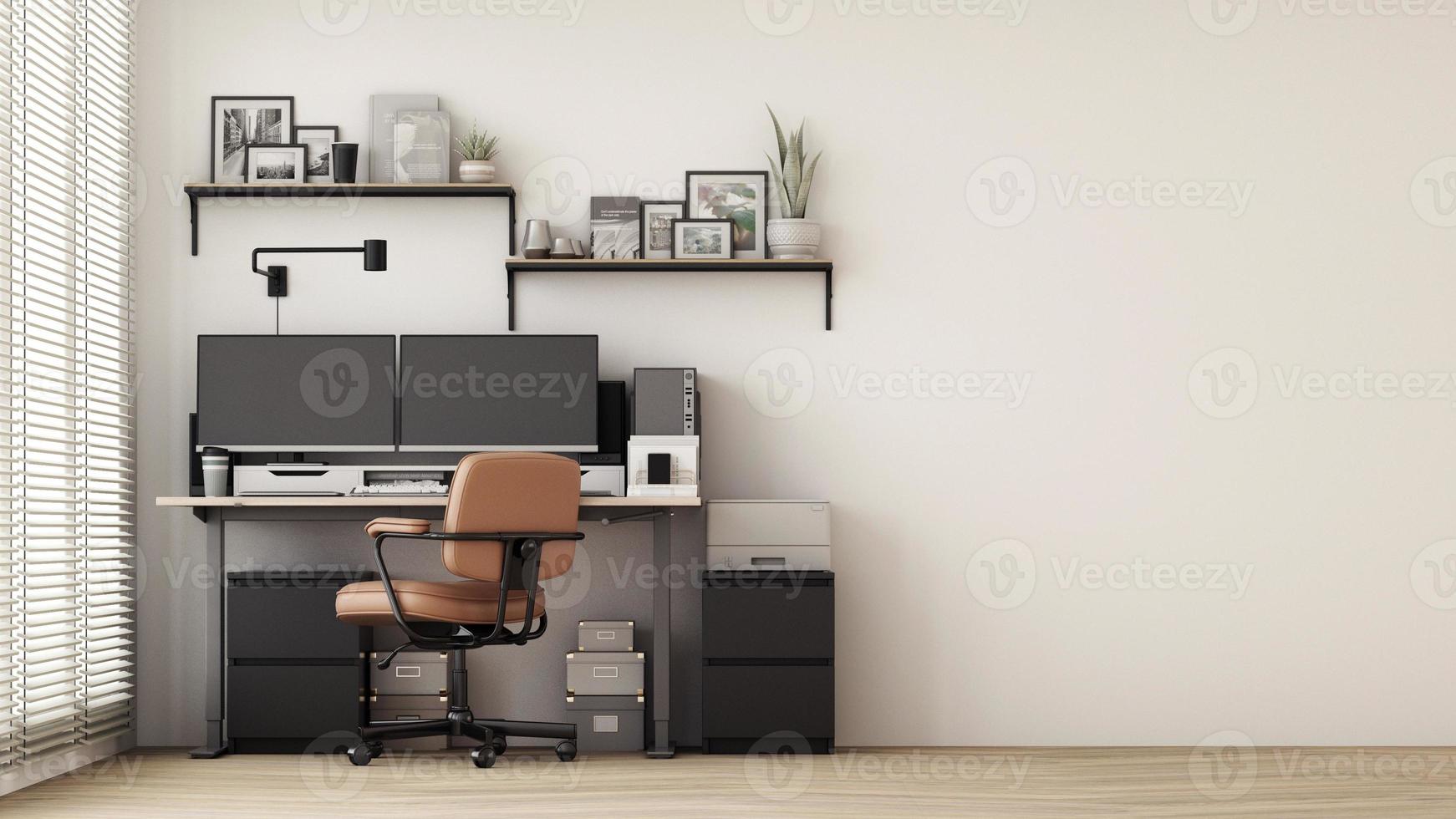 Modern workplace with comfortable modern working table and computer with working chair and large window. on wall white and wooden floor. 3D rendering photo