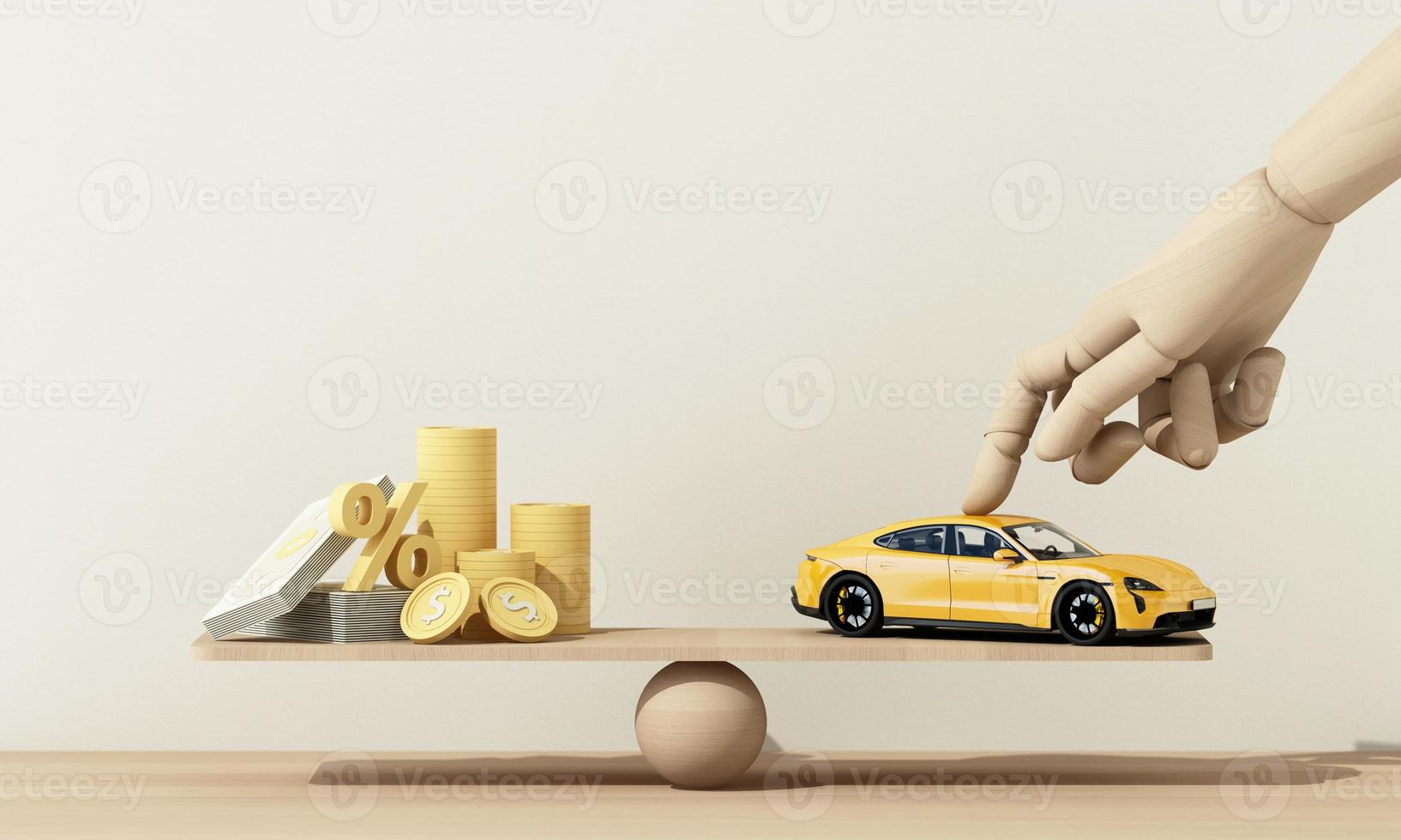 Concept car with coins and cash, auto tax and financing, car insurance and car loans, concepts save money on car purchases. on wooden table background. 3d rendering photo