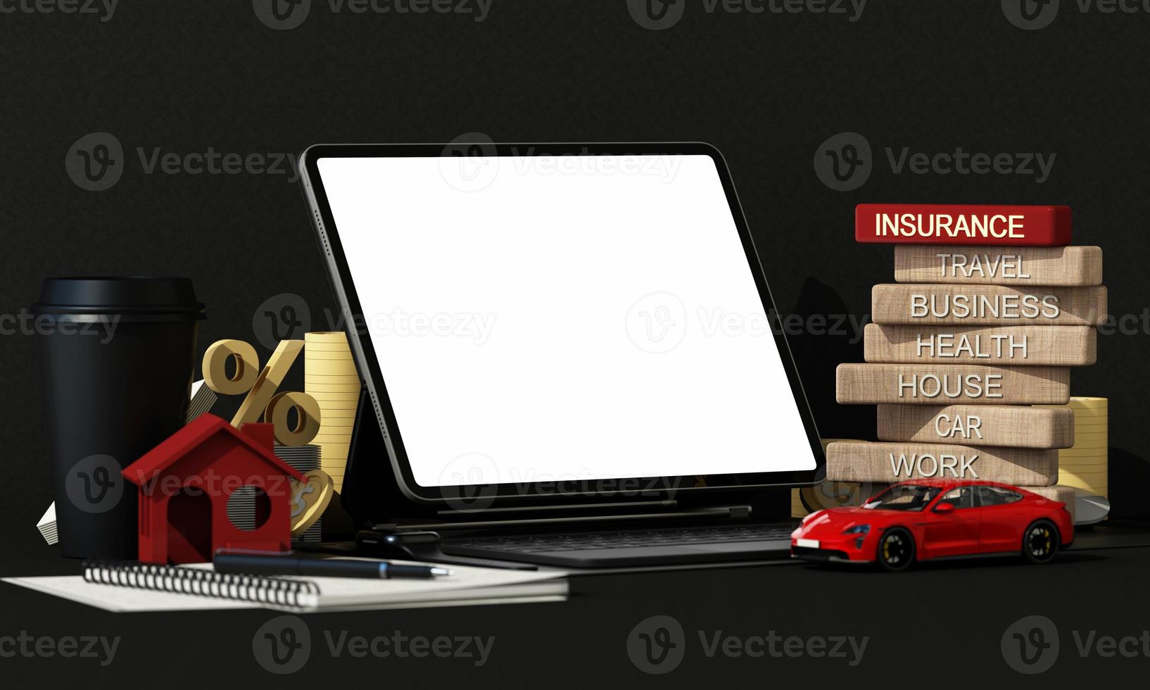 Model of house and a car  with money and screen gadget in the concept of real estate insurance and family financial future planning On a black background, cartoon style. 3D rendering. photo