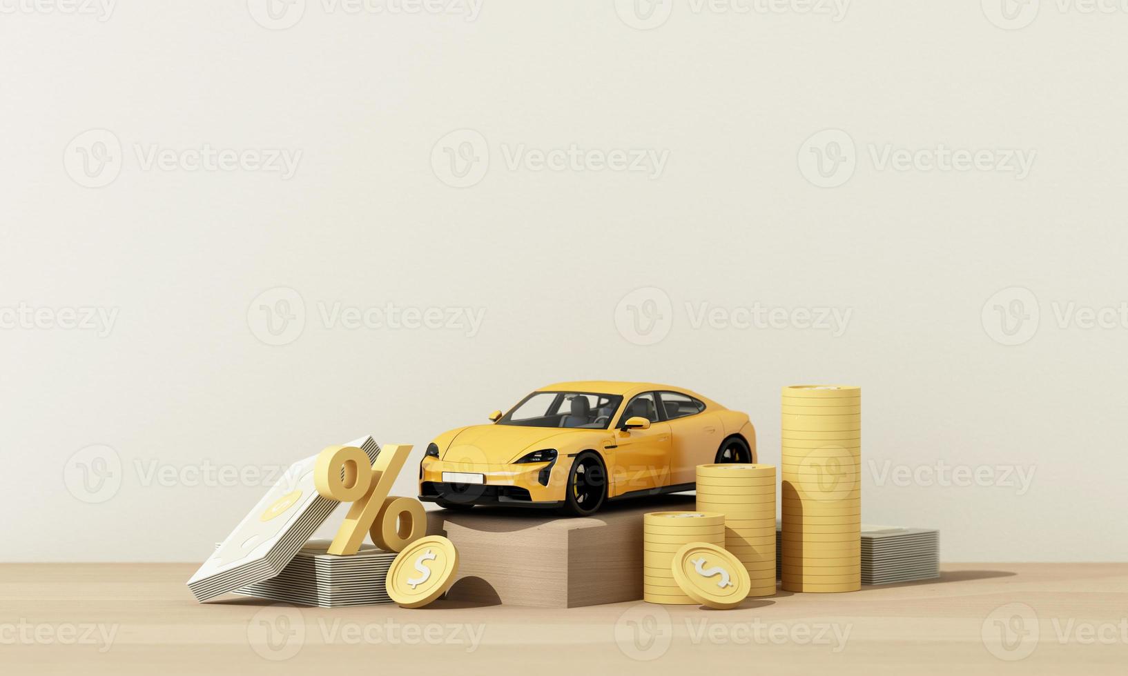 Concept car with coins and cash, auto tax and financing, car insurance and car loans, concepts save money on car purchases. on wooden table background. 3d rendering photo